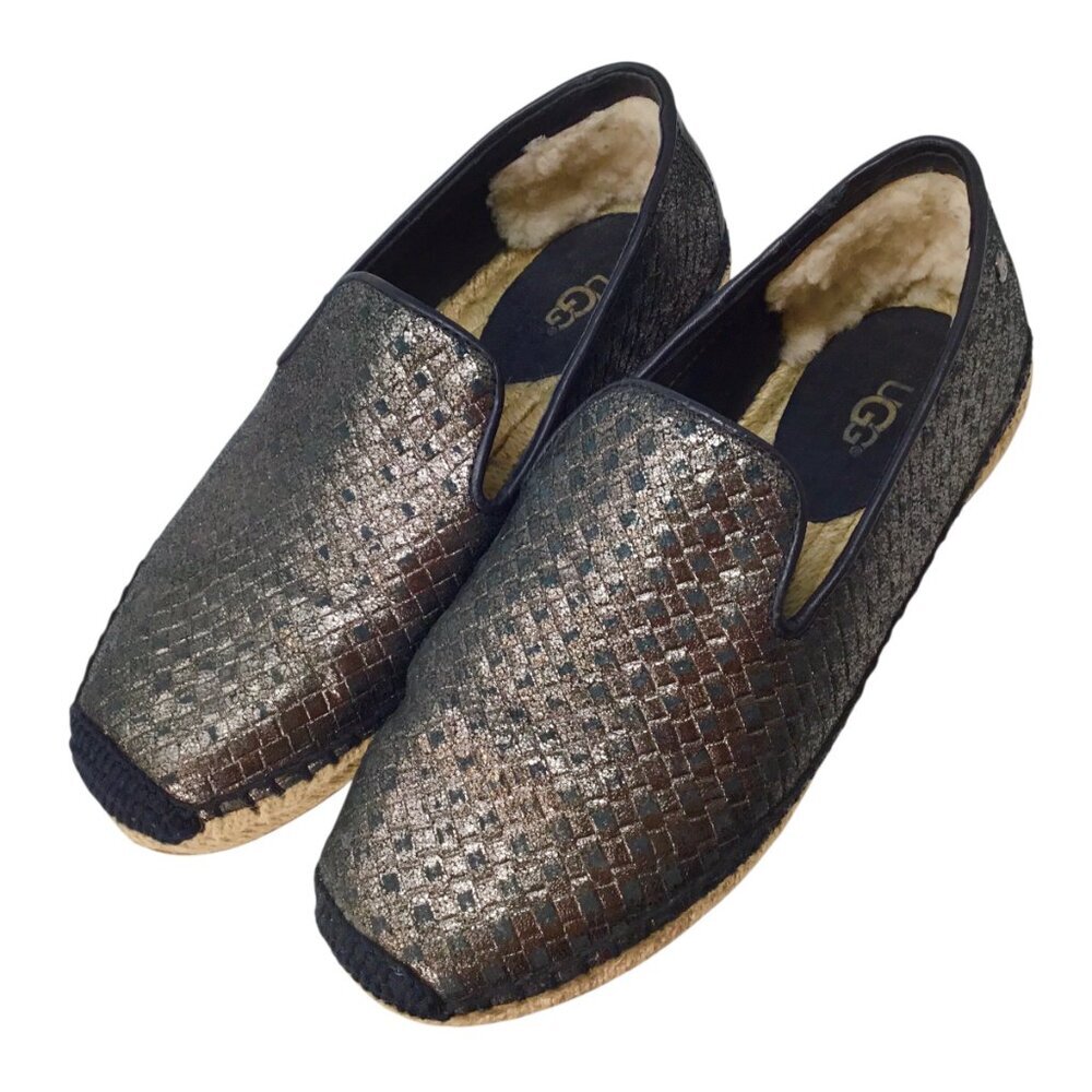 Ugg Sandrinne Espadrille Size 5 Basket Woven Flats Black Gold Metallic 1010196 - Picture 4 of 13
